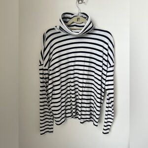 J.Crew Black White Striped Turtleneck Long Sleeve Top Size L Cotton